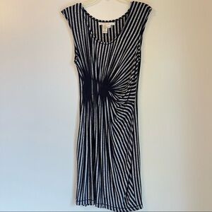 Women’s Navy Gray Stripe Twist Front Midi Dress L Stretch Cap Sleeve Soft Knit